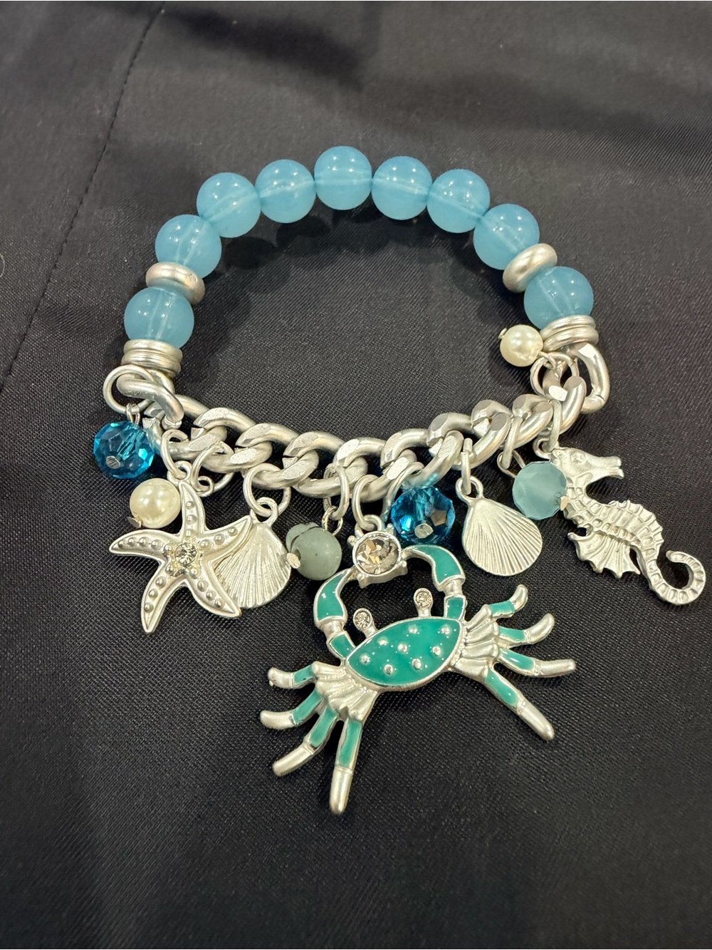 Sea Life Charm Bracelet - Aqua Blue Beaded Stretch Bracelet